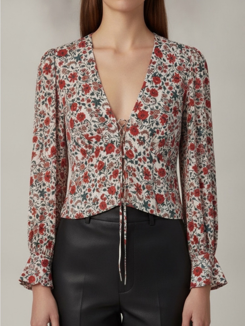 Realisation Par Bennie floral silk Tie-Front Cropped Blouse - Red/Green Sz S